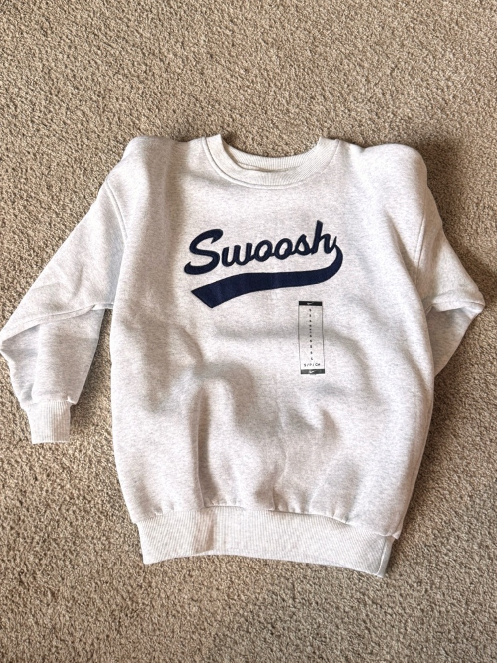 Swoosh Script Pullover Sweatshirt - Light Gray with Navy Graphic youth small